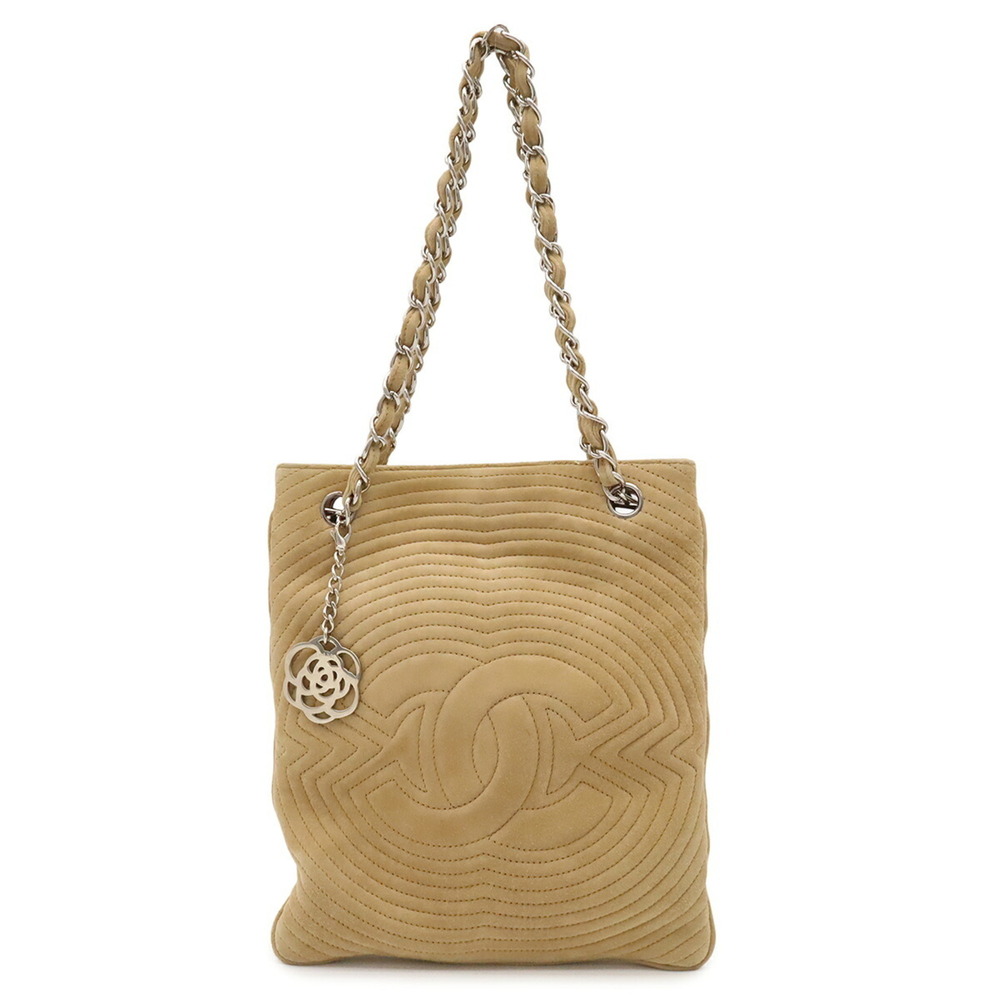 CHANEL Chain Tote Bag, Coco Mark Shoulder Suede, Beige, Brown